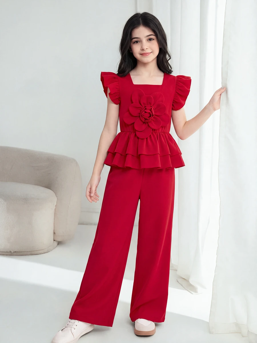 Tween Girls 2pcs/Set Solid Color Floral Decor Top And Pants Set, Summer, Casual Cute Cowgirl, Outfit, Daily, Christmas Outfits Birthday Red