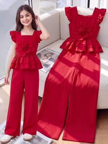 Tween Girls 2pcs/Set Solid Color Floral Decor Top And Pants Set, Summer, Casual Cute Cowgirl, Outfit, Daily, Christmas Outfits Birthday Red - Red - View 3