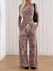 SHEIN EZwear Autumn New Vintage Brown Zebra Print Pattern Ruched Long Sleeve T-Shirt And Pants 2 Pieces Set, Vintage Collegiate Style, Suitable For Autumn/Winter, Graduation Season, Back To School, Party, Gathering - Multicolor - View 1