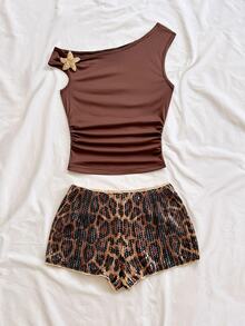 Soleia Women's Summer Sexy Solid Color Asymmetrical Shoulder Metal Decor Top & Leopard Print Sequin Shorts 2pcs Set - Multicolor - View 3