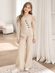 SHEIN Tween女孩秋季套裝 2件/套 復古可愛80年代米色V領鈕扣短版上衣，泡泡袖寬鬆寬腿褲，優雅茶會家庭風 - 杏色 - 查看 3