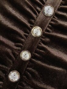 SHEIN Vintage Velvet Deep V-Neck Lapel Dress For Women, Ruched Waist, Button Front, Flare Sleeve, Lace Trim, Short Dress - Brown - View 3