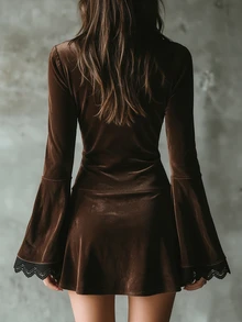 SHEIN Vintage Velvet Deep V-Neck Lapel Dress For Women, Ruched Waist, Button Front, Flare Sleeve, Lace Trim, Short Dress - Brown - View 2
