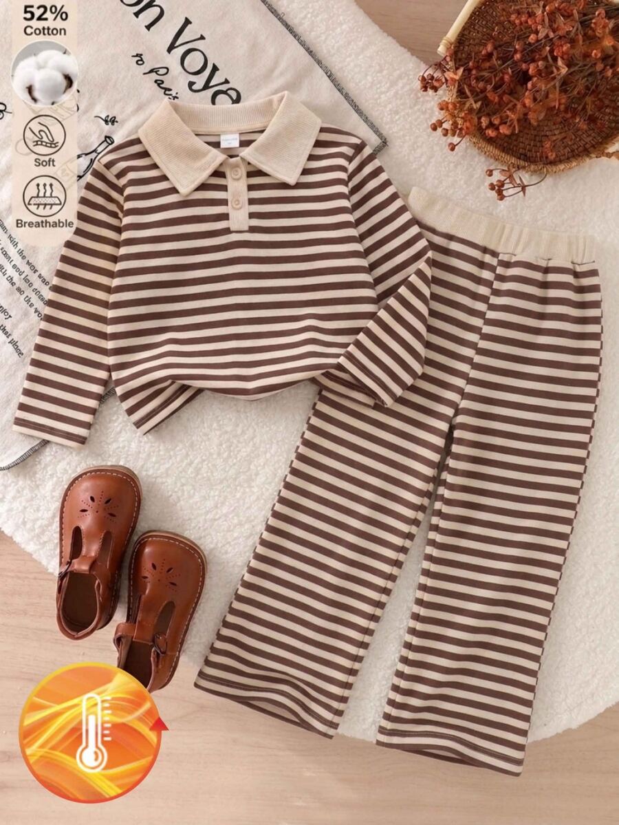 SHEIN Girls Striped Color Block Collar Long Sleeve Top & Wide Leg Pants 2 Pieces Set, Fall Casual Outfit