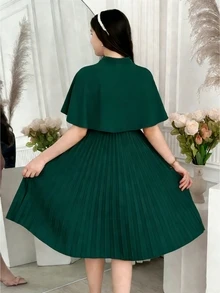 SHEIN Teen Girls Vintage Streetwear Casual Junior Cute Katseye Back To School Pleated Dress /Set Birthday Party Holiday Formal Gray Summer - Dark Green - View 3