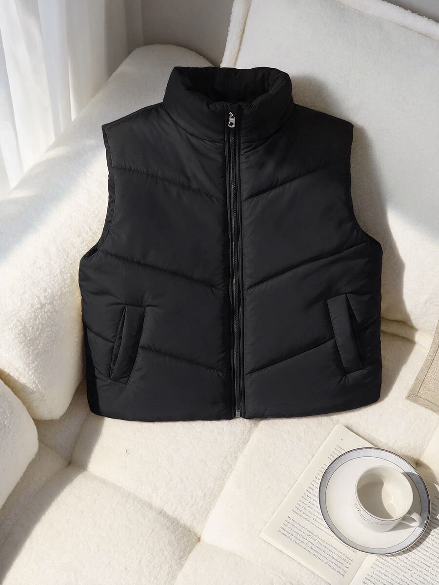 SHEIN 青少年女孩抓絨秋季服飾 黑色羽絨背心 立領拉鍊不對稱漸層短夾克 街頭風寬鬆青少年工裝外套