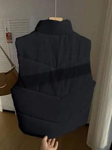 SHEIN 青少年女孩抓絨秋季服飾 黑色羽絨背心 立領拉鍊不對稱漸層短夾克 街頭風寬鬆青少年工裝外套 - 黑色 - 查看 3