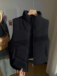 SHEIN 青少年女孩抓絨秋季服飾 黑色羽絨背心 立領拉鍊不對稱漸層短夾克 街頭風寬鬆青少年工裝外套 - 黑色 - 查看 5
