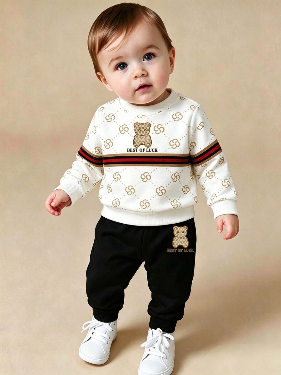 Baby Boy Comfortable Crew Neck Long Sleeve Sports Top & Sweatpants 2-Piece Set, College Style Striped Bear Pattern,