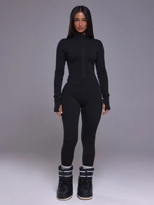 Musera Sport High Neck Zip Through Fitted Long Sleeve Thermal Jumpsuit Autumn Winter Fall Active Gym Workout Ski Blacksnow - Black - View 4