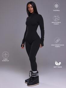 Musera Sport High Neck Zip Through Fitted Long Sleeve Thermal Jumpsuit Autumn Winter Fall Active Gym Workout Ski Blacksnow - Black - View 2