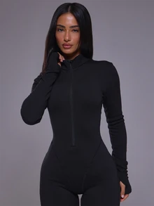 Musera Sport High Neck Zip Through Fitted Long Sleeve Thermal Jumpsuit Autumn Winter Fall Active Gym Workout Ski Blacksnow - Black - View 5
