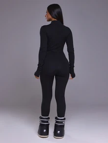Musera Sport High Neck Zip Through Fitted Long Sleeve Thermal Jumpsuit Autumn Winter Fall Active Gym Workout Ski Blacksnow - Black - View 3