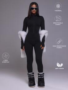 Musera Sport High Neck Zip Through Fitted Long Sleeve Thermal Jumpsuit Autumn Winter Fall Active Gym Workout Ski Blacksnow - Black - View 1