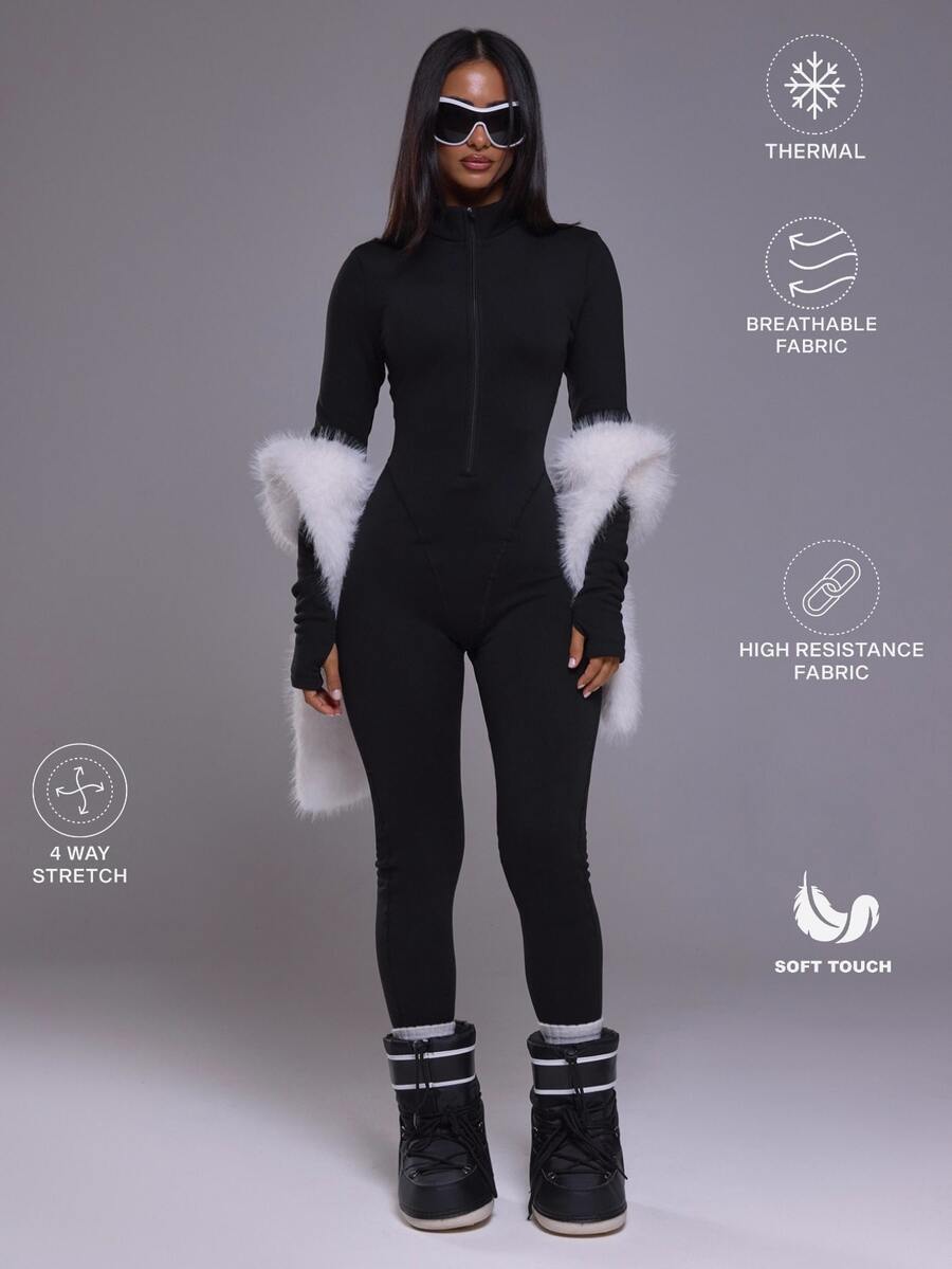 Musera Sport High Neck Zip Through Fitted Long Sleeve Thermal Jumpsuit Autumn Winter Fall Active Gym Workout Ski Blacksnow - Black - View 1