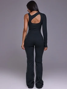 Musera Sport One Sleeve Cutout Back Logo Detail Fitted Flare Jumpsuit Autumn Winter Fall Active Gym Workout Ski Blacksnow - Black - View 3