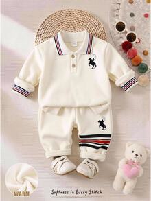 Cozy Pixies Baby Boy Horse Embroidery Contrast Trim Polo Shirt & Sweatpants Set - Multicolor - View 1