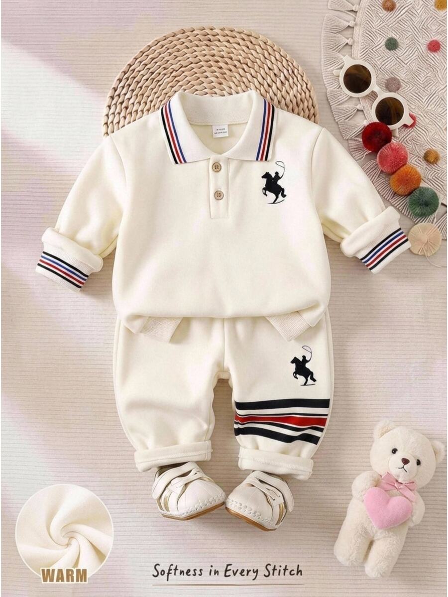 Cozy Pixies Baby Boy Horse Embroidery Contrast Trim Polo Shirt & Sweatpants Set - Multicolor - View 1