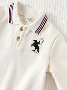 Cozy Pixies Baby Boy Horse Embroidery Contrast Trim Polo Shirt & Sweatpants Set - Multicolor - View 3