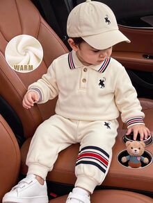 Cozy Pixies Baby Boy Horse Embroidery Contrast Trim Polo Shirt & Sweatpants Set - Multicolor - View 6