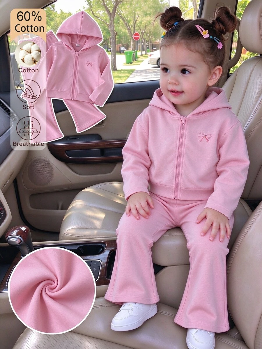 SHEIN Girls 2 Pieces Set, Embroidered Bow Zip-Up Hoodie With Flared Pants, Autumn Winter Style For Daily & Birthday - Pink - View 1