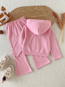 SHEIN Girls 2 Pieces Set, Embroidered Bow Zip-Up Hoodie With Flared Pants, Autumn Winter Style For Daily & Birthday - Pink - View 2