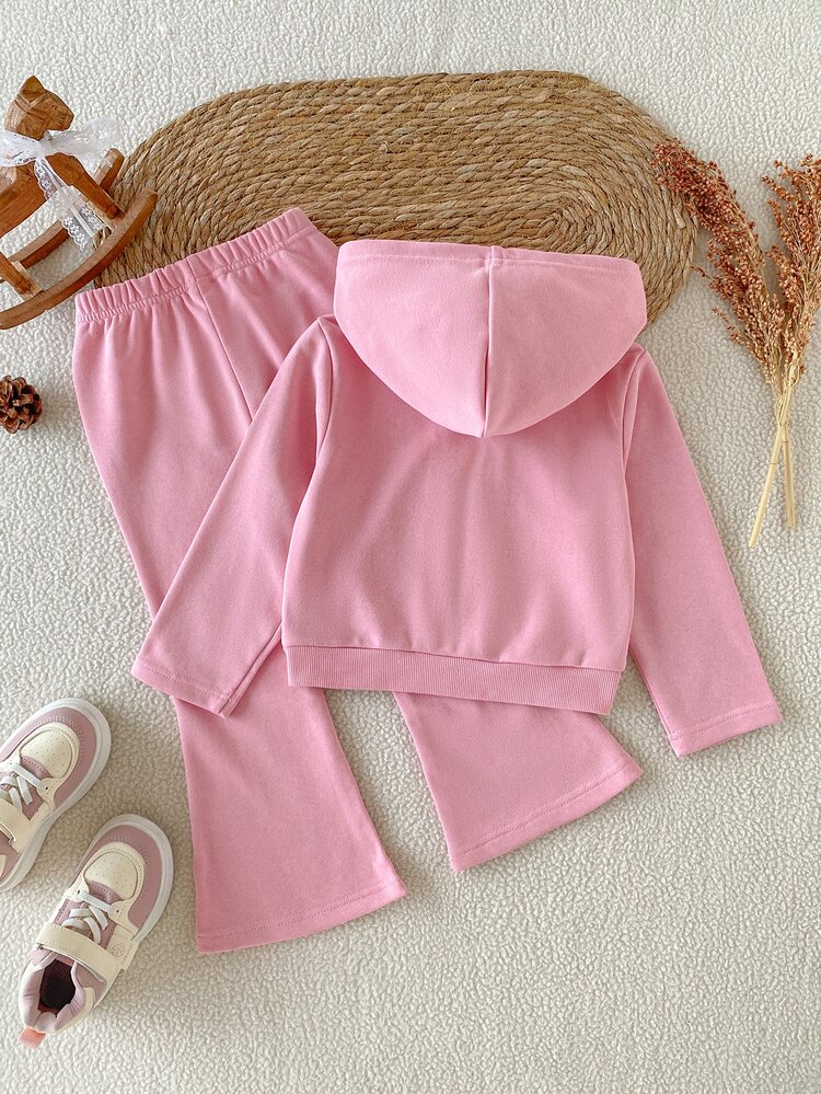 SHEIN Bộ 2 món cho bé gái, áo hoodie kéo khóa thêu nơ kèm quần ống loe, phong cách thu đông cho mặc hằng ngày và sinh nhật - Hồng - Xem 2