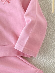 SHEIN Girls 2 Pieces Set, Embroidered Bow Zip-Up Hoodie With Flared Pants, Autumn Winter Style For Daily & Birthday - Pink - View 7