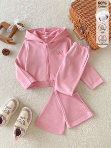 SHEIN Girls 2 Pieces Set, Embroidered Bow Zip-Up Hoodie With Flared Pants, Autumn Winter Style For Daily & Birthday - Pink - View 3
