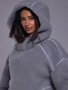 Musera Sport Borg Fleece Piped Contrast Edge Detail Pull On Hooded Oversized Fleece Autumn Winter Fall Active Gym Workout Ski Blacksnow - Grey - View 5