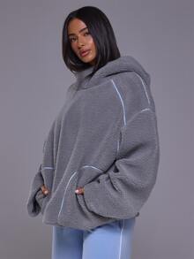 Musera Sport Borg Fleece Piped Contrast Edge Detail Pull On Hooded Oversized Fleece Autumn Winter Fall Active Gym Workout Ski Blacksnow - Grey - View 3