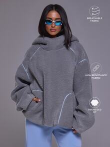 Musera Sport Borg Fleece Piped Contrast Edge Detail Pull On Hooded Oversized Fleece Autumn Winter Fall Active Gym Workout Ski Blacksnow - Grey - View 1