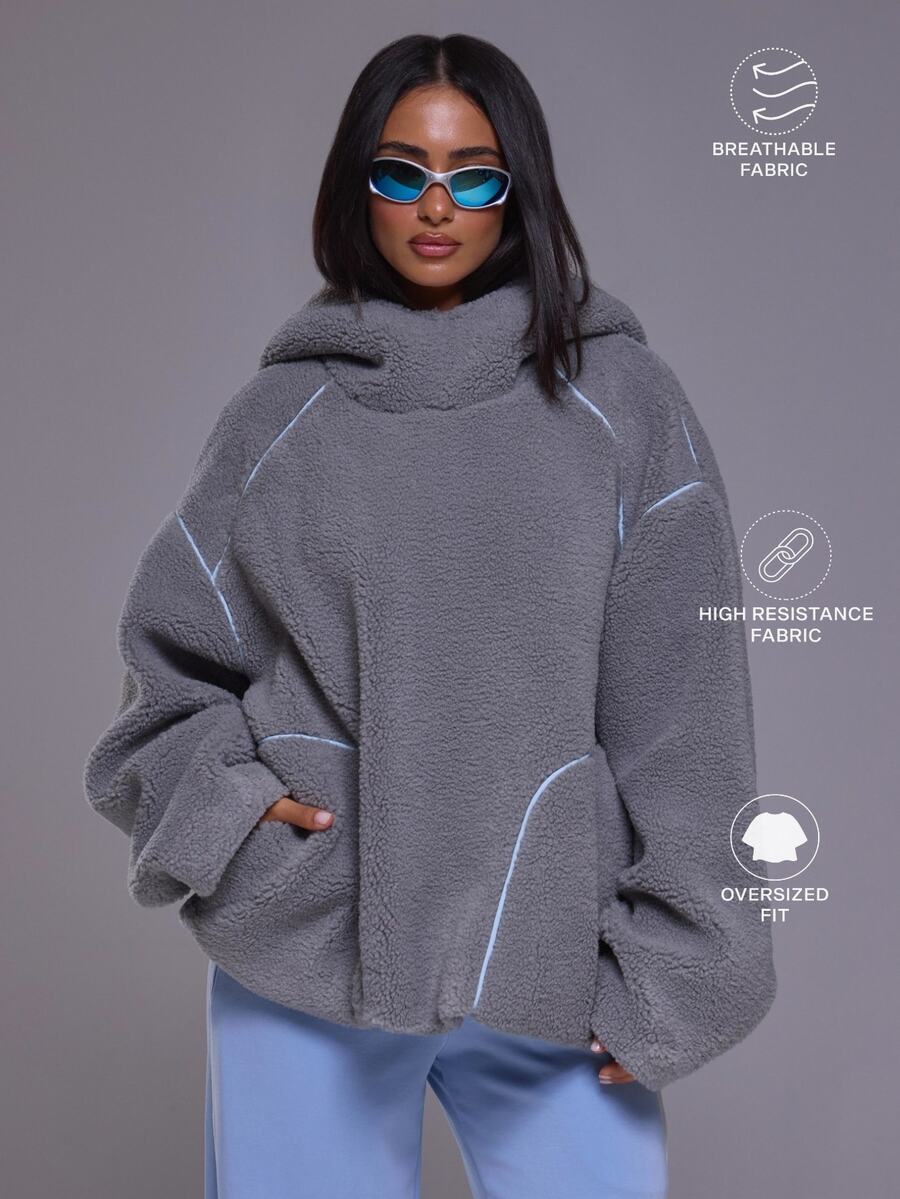 Musera Sport Borg Fleece Piped Contrast Edge Detail Pull On Hooded Oversized Fleece Autumn Winter Fall Active Gym Workout Ski Blacksnow - Grey - View 1