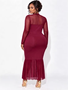 Poshavie Poshavie Gaun Lengan Panjang Elegan Ukuran Plus untuk Wanita, Desain Lipatan Modis, Gaun Nyaman, Melangsingkan, dan Elegan, Cocok untuk Pesta - Burgundy - View 2