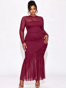 Poshavie Poshavie Gaun Lengan Panjang Elegan Ukuran Plus untuk Wanita, Desain Lipatan Modis, Gaun Nyaman, Melangsingkan, dan Elegan, Cocok untuk Pesta - Burgundy - View 5