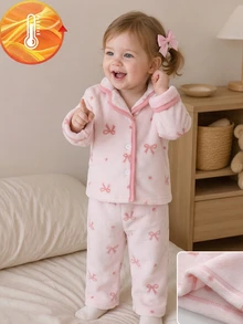 2pcs Baby Girl Warm Pink Colorful Star Print Plush Lapel Open Front Trim Design Long Sleeve Pants Pajama Set Winter - White - View 4