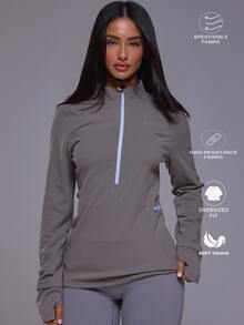 Musera Sport ملابس علوية رياضية فضفاضة بأكمام طويلة منسوجة بياقة عالية وسحاب ربعي للخريف والشتاء، مناسبة للجم والتمارين والتزلج، باللون الأسود - رمادي - مشاهدة 1