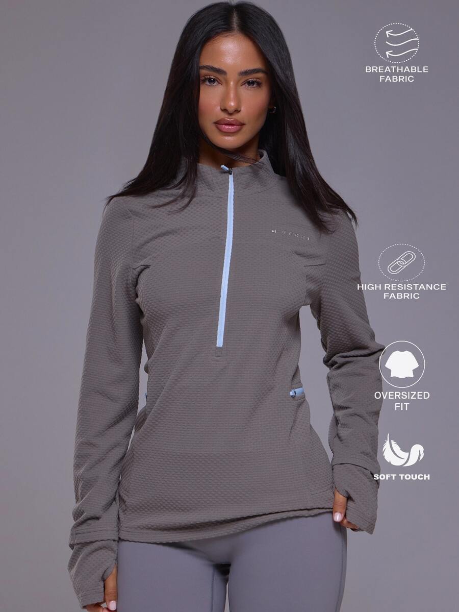 Musera Sport ملابس علوية رياضية فضفاضة بأكمام طويلة منسوجة بياقة عالية وسحاب ربعي للخريف والشتاء، مناسبة للجم والتمارين والتزلج، باللون الأسود - رمادي - مشاهدة 1