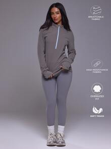 Musera Sport ملابس علوية رياضية فضفاضة بأكمام طويلة منسوجة بياقة عالية وسحاب ربعي للخريف والشتاء، مناسبة للجم والتمارين والتزلج، باللون الأسود - رمادي - مشاهدة 2
