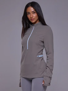 Musera Sport ملابس علوية رياضية فضفاضة بأكمام طويلة منسوجة بياقة عالية وسحاب ربعي للخريف والشتاء، مناسبة للجم والتمارين والتزلج، باللون الأسود - رمادي - مشاهدة 3