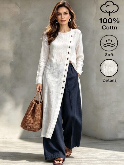 SHEIN Fall 2026 Long-Sleeve Button-Down Shirt, White Long-Sleeve Top, Casual Top, Out And About, Fall/Winter Outfits
