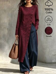 SHEIN Fall 2026 Long-Sleeve Button-Down Shirt, White Long-Sleeve Top, Casual Top, Out And About, Fall/Winter Outfits - Burgundy - View 6