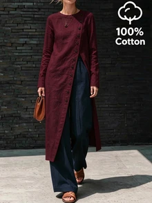 SHEIN Fall 2026 Long-Sleeve Button-Down Shirt, White Long-Sleeve Top, Casual Top, Out And About, Fall/Winter Outfits - Burgundy - View 5