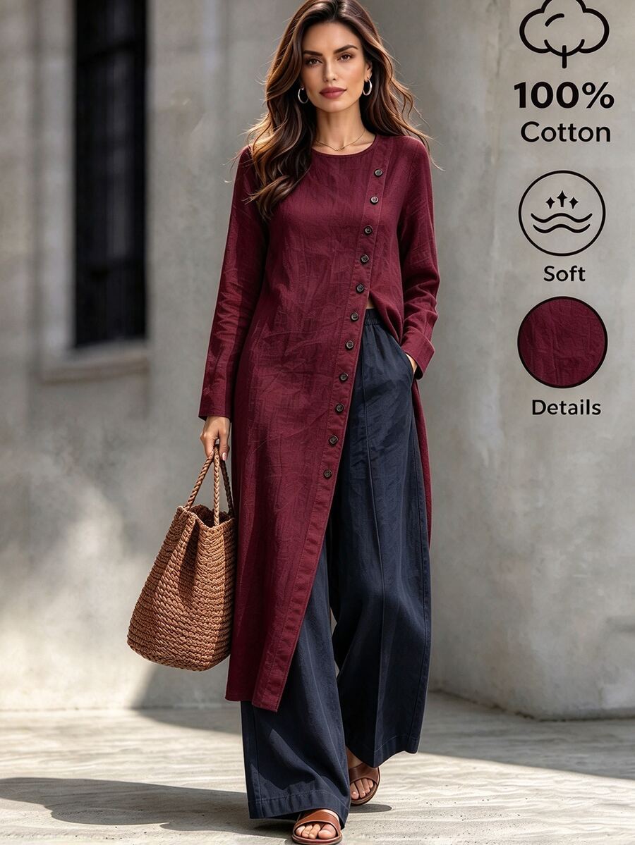 SHEIN Fall 2026 Long-Sleeve Button-Down Shirt, White Long-Sleeve Top, Casual Top, Out And About, Fall/Winter Outfits - Burgundy - View 1