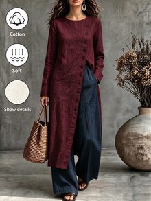 SHEIN Fall 2026 Long-Sleeve Button-Down Shirt, White Long-Sleeve Top, Casual Top, Out And About, Fall/Winter Outfits - Burgundy - View 4