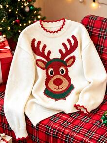 SHEIN Ladies White Cute Elk Pattern Long Sleeve Casual Xmas Pullover Jumper - Apricot - View 7