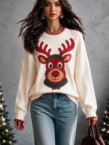 SHEIN Ladies White Cute Elk Pattern Long Sleeve Casual Xmas Pullover Jumper - Apricot - View 8