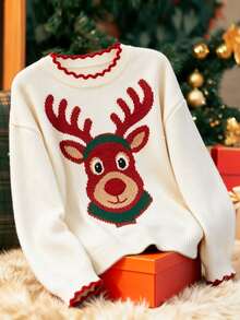 SHEIN Ladies White Cute Elk Pattern Long Sleeve Casual Xmas Pullover Jumper - Apricot - View 3