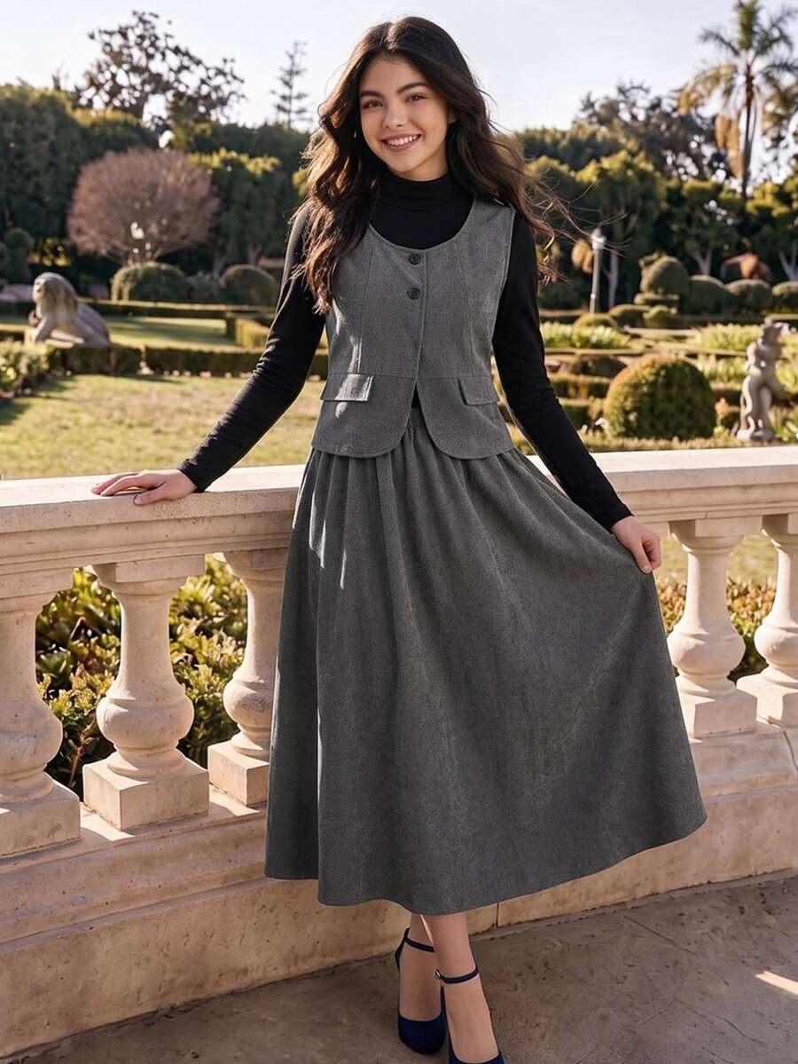 1 Set Teen Girls Fall Winter 2Pcs Set, 2 In 1 Grey Vest Long Sleeve Top, Elastic Waist Midi Skirt, Casual Daily Wear Outfit Set - Grey - View 1