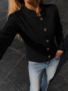 SHEIN PariChic 2026年秋季新品 優雅金色鈕扣立領長袖黑色修身夾克 - 黑色 - 查看 4